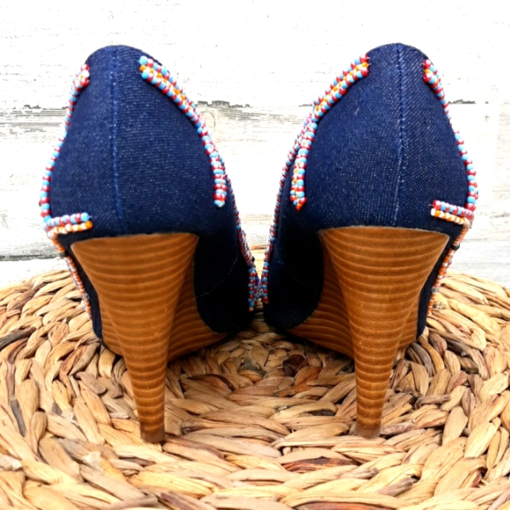 EUC JESSICA BENNETT JKIRABU DENIM & BEADED HEELS - Picture 3 of 10